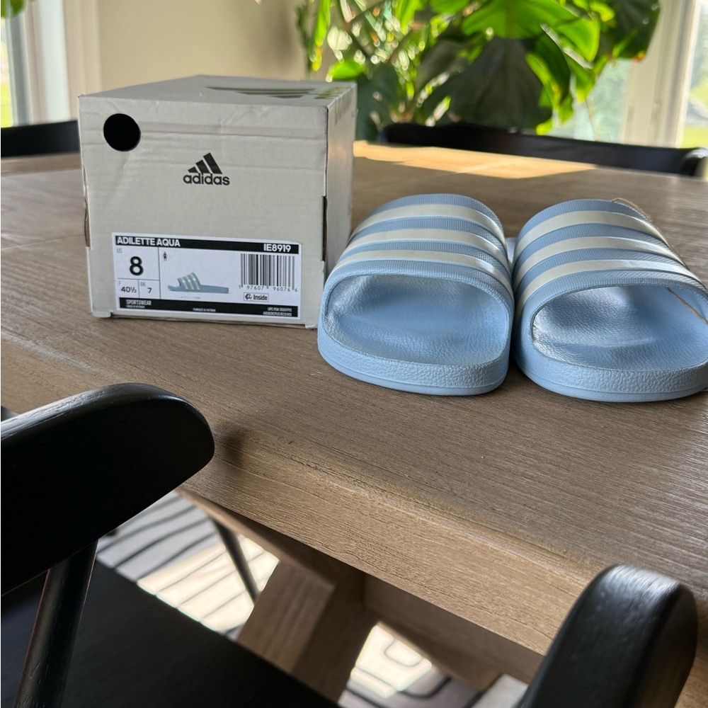 NIB Adidas Adilette Aqua Blue Slides with White Stripes
